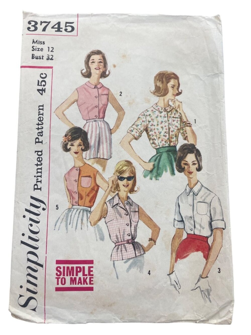 Vintage Simplicity 3745 Sewing Pattern Size 12 Misses Blouse Dressmaking CUT